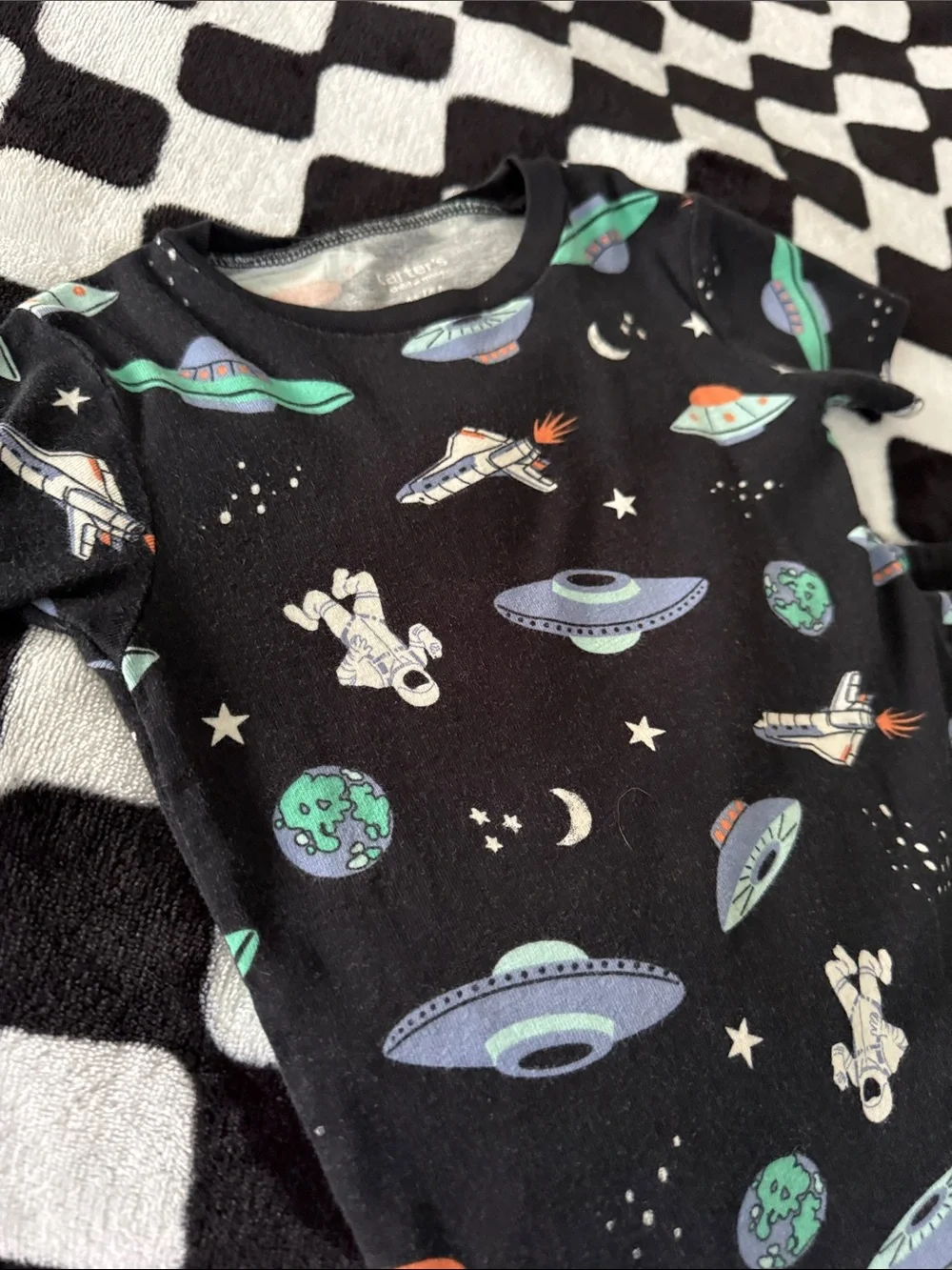 Kids Black Space UFO Pajama Set - Rocket & Astronaut Print